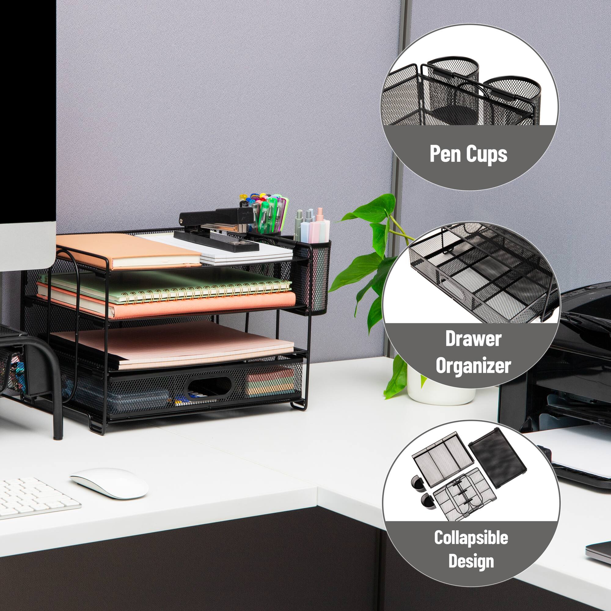 Mind Reader Mesh Desk Organizer, 3 Trays, 1 Drawer, 2 Pen Holders, Office Desktop Organizer, Metal Mesh
